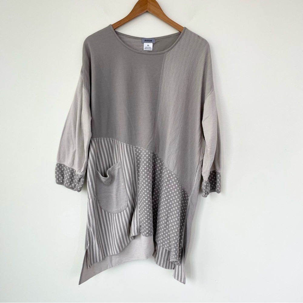 Iridium Patchwork Grey Sharkbite Hem Lagenlook Tunic Top XL Extra Large Pima
